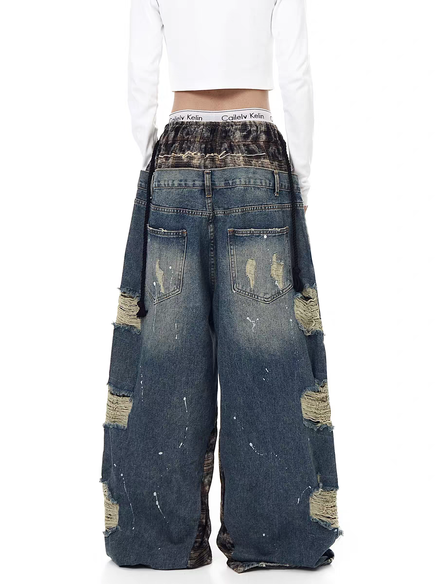 Grunge patchwork wide-leg denim jeans — women's streetwear