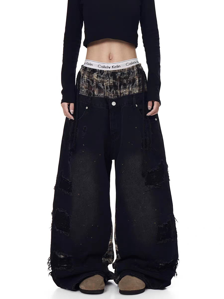 Grunge patchwork wide-leg denim jeans — women's streetwear