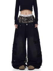 Grunge patchwork wide-leg denim jeans — women's streetwear
