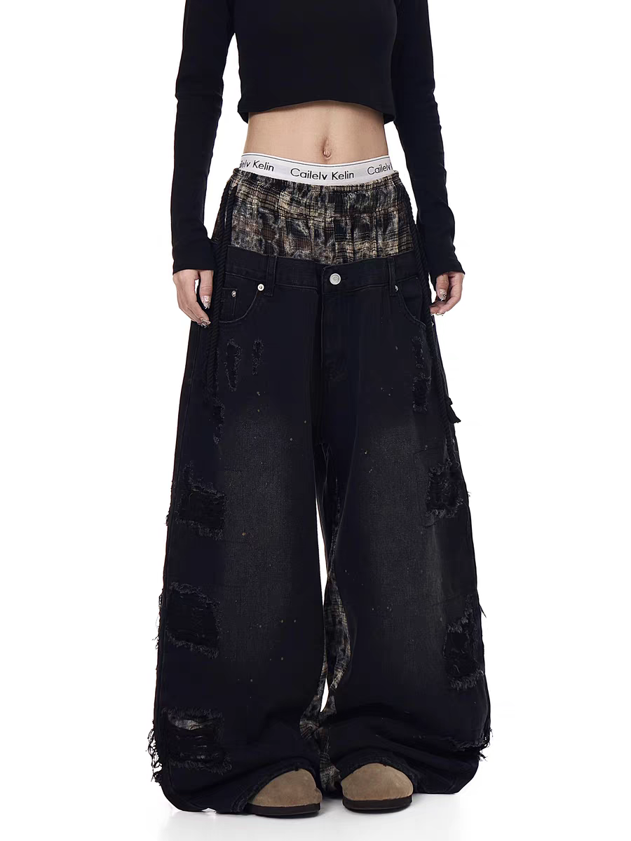 Grunge patchwork wide-leg denim jeans — women's streetwear
