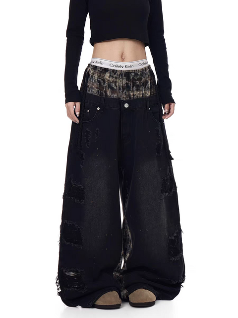 GKIKZ GRUNGE PATCHWORK WIDE-LEG DENIM PANTS