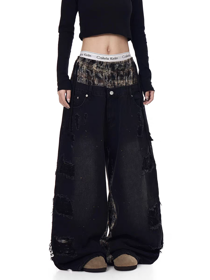 GKIKZ GRUNGE PATCHWORK WIDE-LEG DENIM PANTS