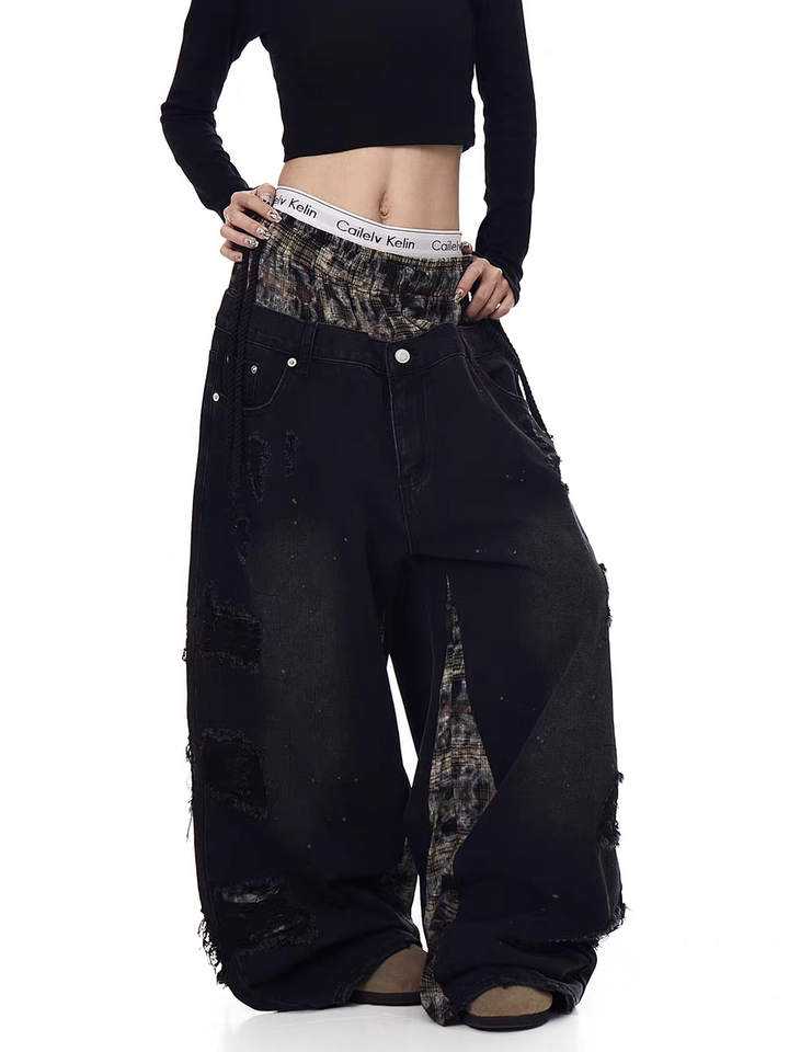 GKIKZ GRUNGE PATCHWORK WIDE-LEG DENIM PANTS