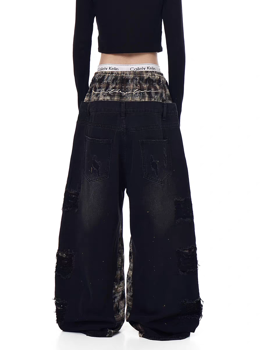 Grunge patchwork wide-leg denim jeans — women's streetwear