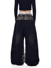 Grunge patchwork wide-leg denim jeans — women's streetwear
