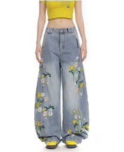 Floral Embroidered Wide-Leg Denim Pants