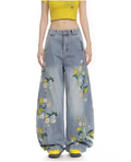 Floral Embroidered Wide-Leg Denim Pants