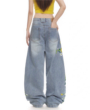 Floral Embroidered Wide-Leg Denim Pants