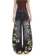 Floral Embroidered Wide-Leg Denim Pants