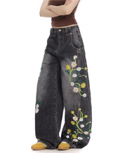 Floral Embroidered Wide-Leg Denim Pants