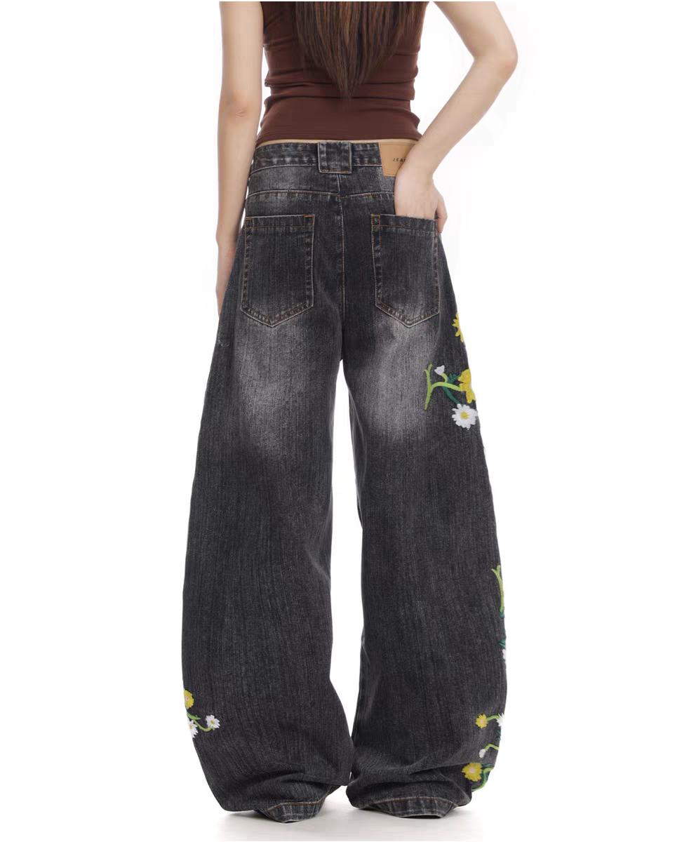 Floral Embroidered Wide-Leg Denim Pants