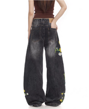 Floral Embroidered Wide-Leg Denim Pants