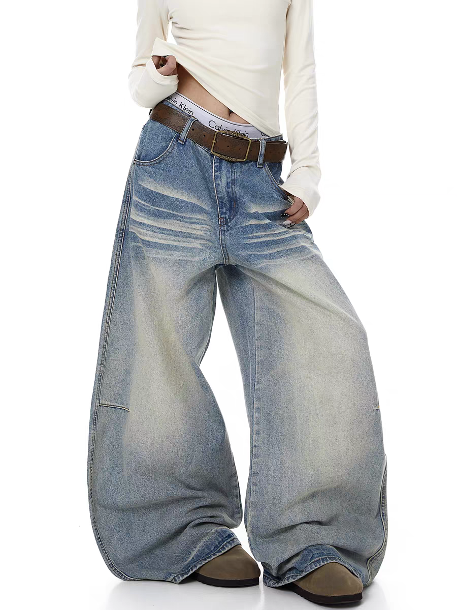Washed blue wide-leg denim jeans with side stripes — women's streetwear
