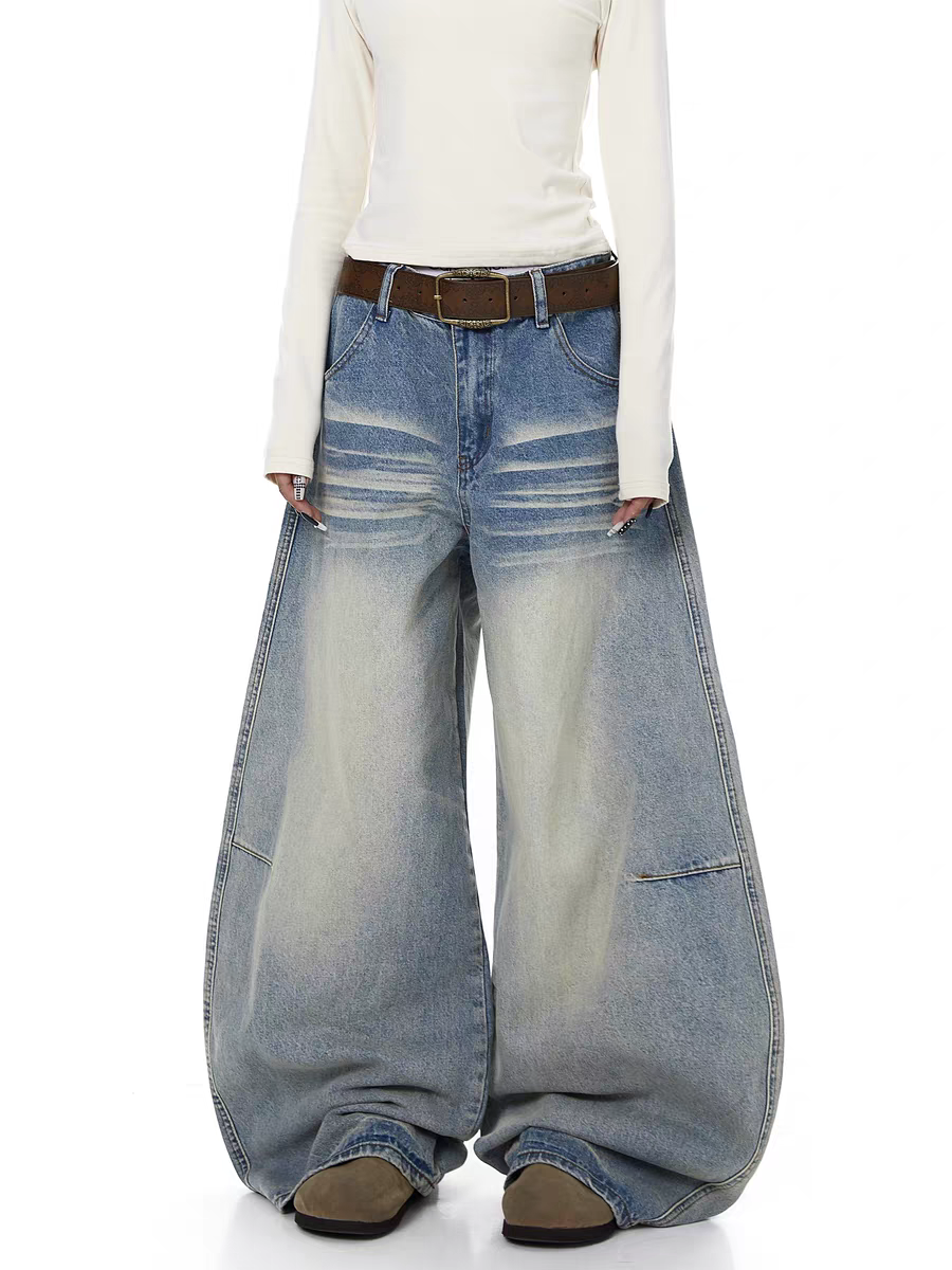 Washed blue wide-leg denim jeans with side stripes — women's streetwear