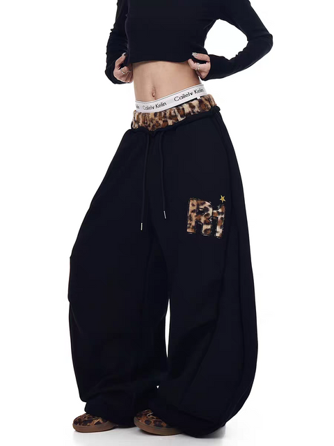 GKIKZ LEOPARD TRIM DOUBLE-WAIST WIDE-LEG SWEATPANTS