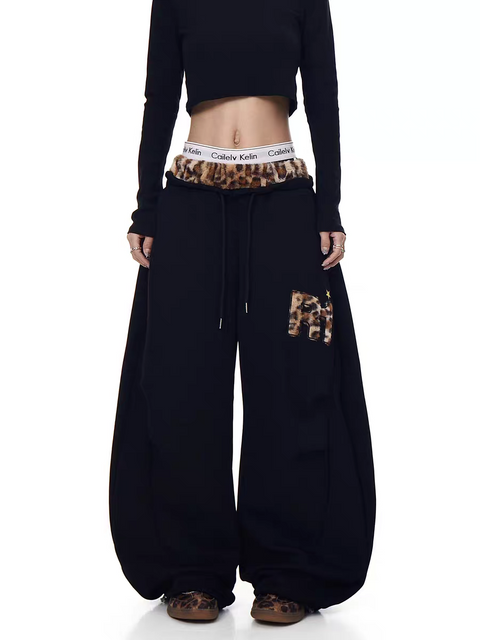 GKIKZ LEOPARD TRIM DOUBLE-WAIST WIDE-LEG SWEATPANTS