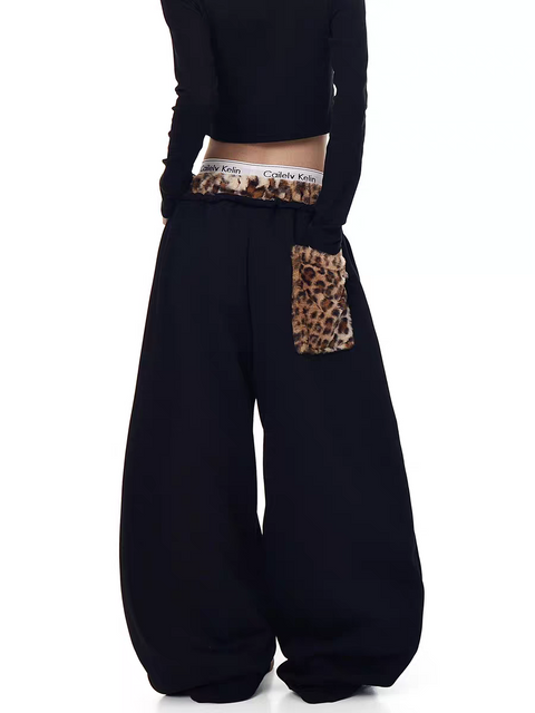GKIKZ LEOPARD TRIM DOUBLE-WAIST WIDE-LEG SWEATPANTS
