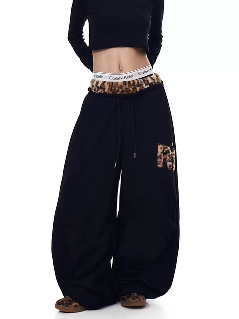 GKIKZ LEOPARD TRIM DOUBLE-WAIST WIDE-LEG SWEATPANTS