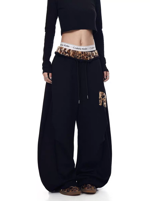 GKIKZ LEOPARD TRIM DOUBLE-WAIST WIDE-LEG SWEATPANTS