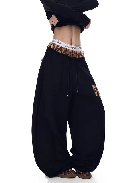 GKIKZ LEOPARD TRIM DOUBLE-WAIST WIDE-LEG SWEATPANTS