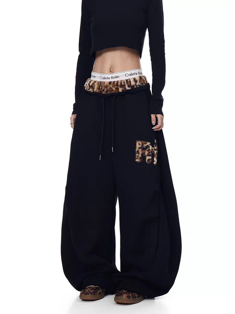 GKIKZ LEOPARD TRIM DOUBLE-WAIST WIDE-LEG SWEATPANTS