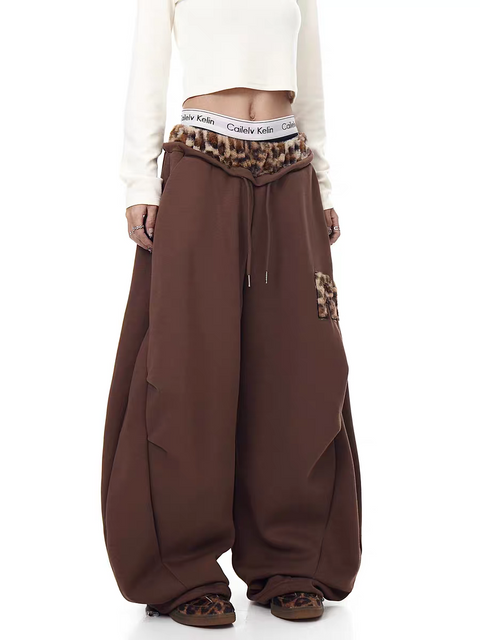 GKIKZ LEOPARD TRIM DOUBLE-WAIST WIDE-LEG SWEATPANTS