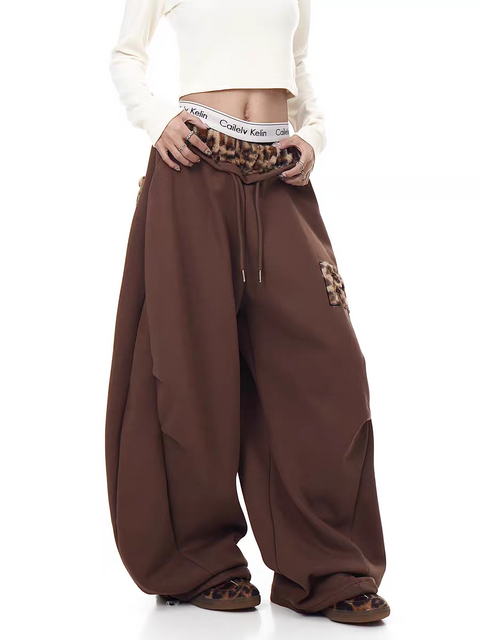 GKIKZ LEOPARD TRIM DOUBLE-WAIST WIDE-LEG SWEATPANTS