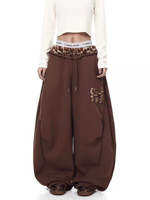 GKIKZ LEOPARD TRIM DOUBLE-WAIST WIDE-LEG SWEATPANTS