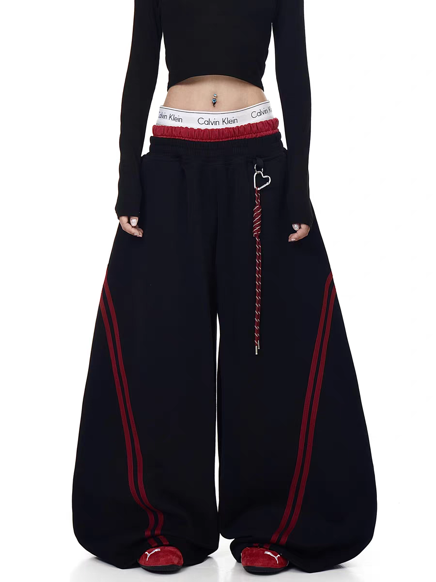 GKIKZ STRIPED CONTRAST WIDE-LEG DRAWSTRING PANTS