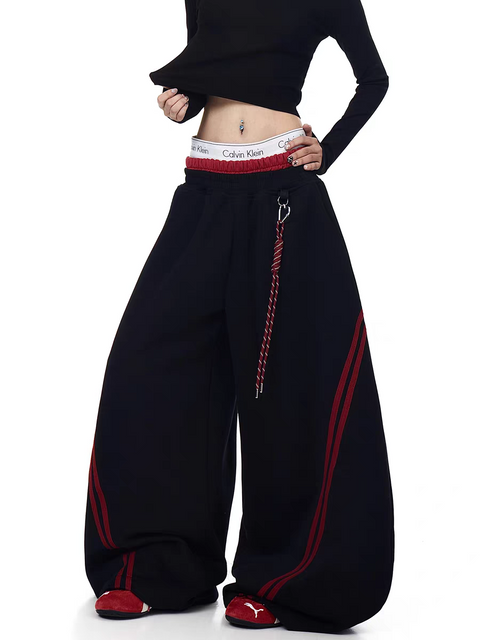 Striped Contrast Wide-Leg Drawstring Pants
