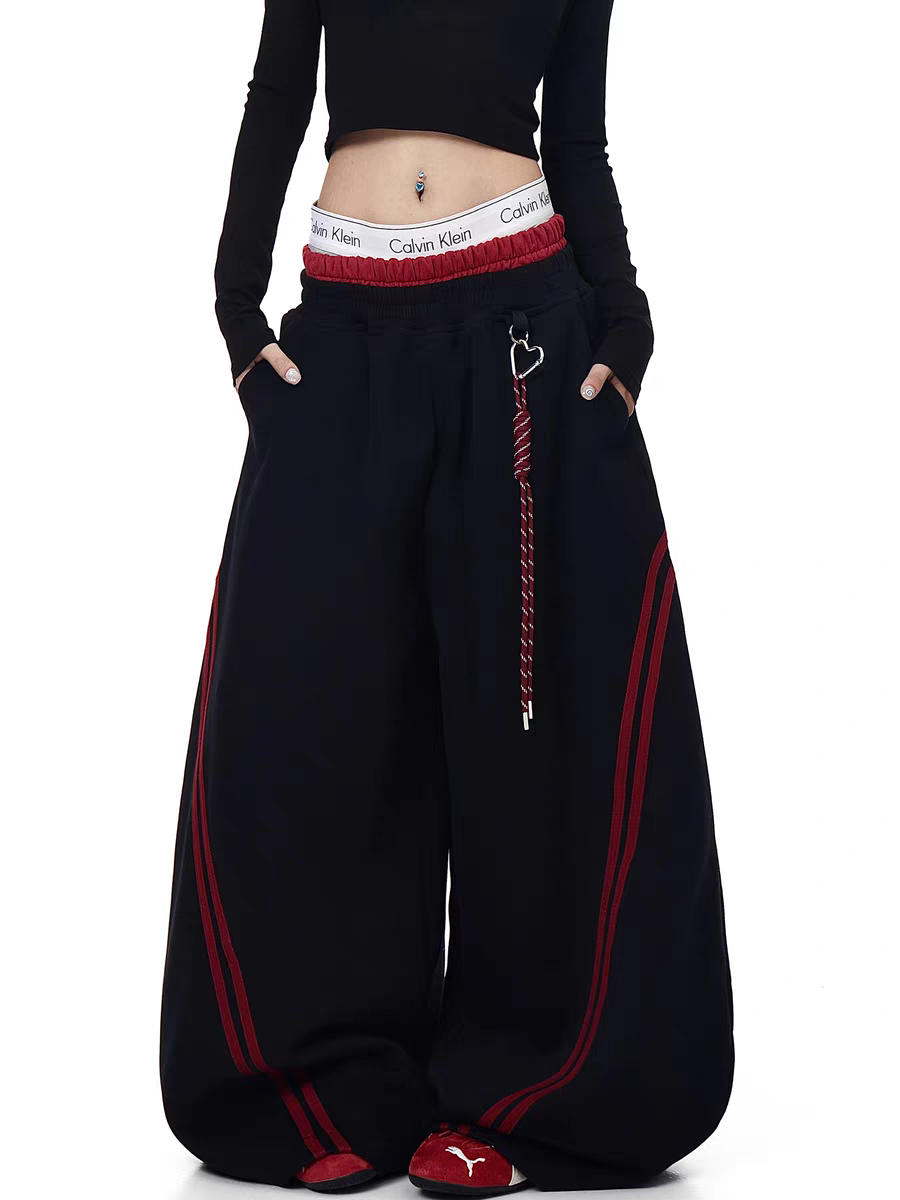 GKIKZ STRIPED CONTRAST WIDE-LEG DRAWSTRING PANTS