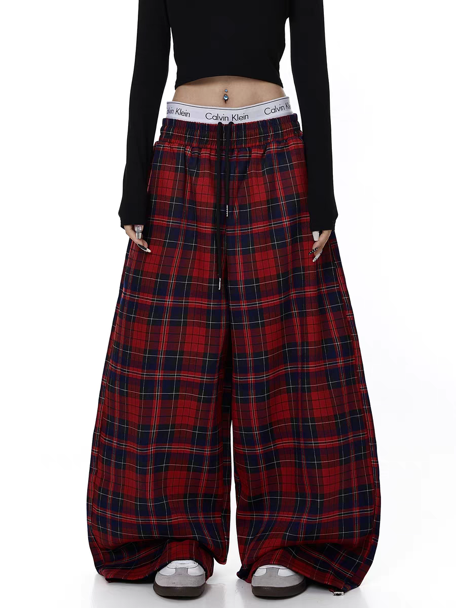 GKIKZ RED PLAID WIDE-LEG FLANNEL PANTS