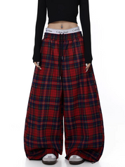 GKIKZ RED PLAID WIDE-LEG FLANNEL PANTS