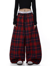 GKIKZ RED PLAID WIDE-LEG FLANNEL PANTS