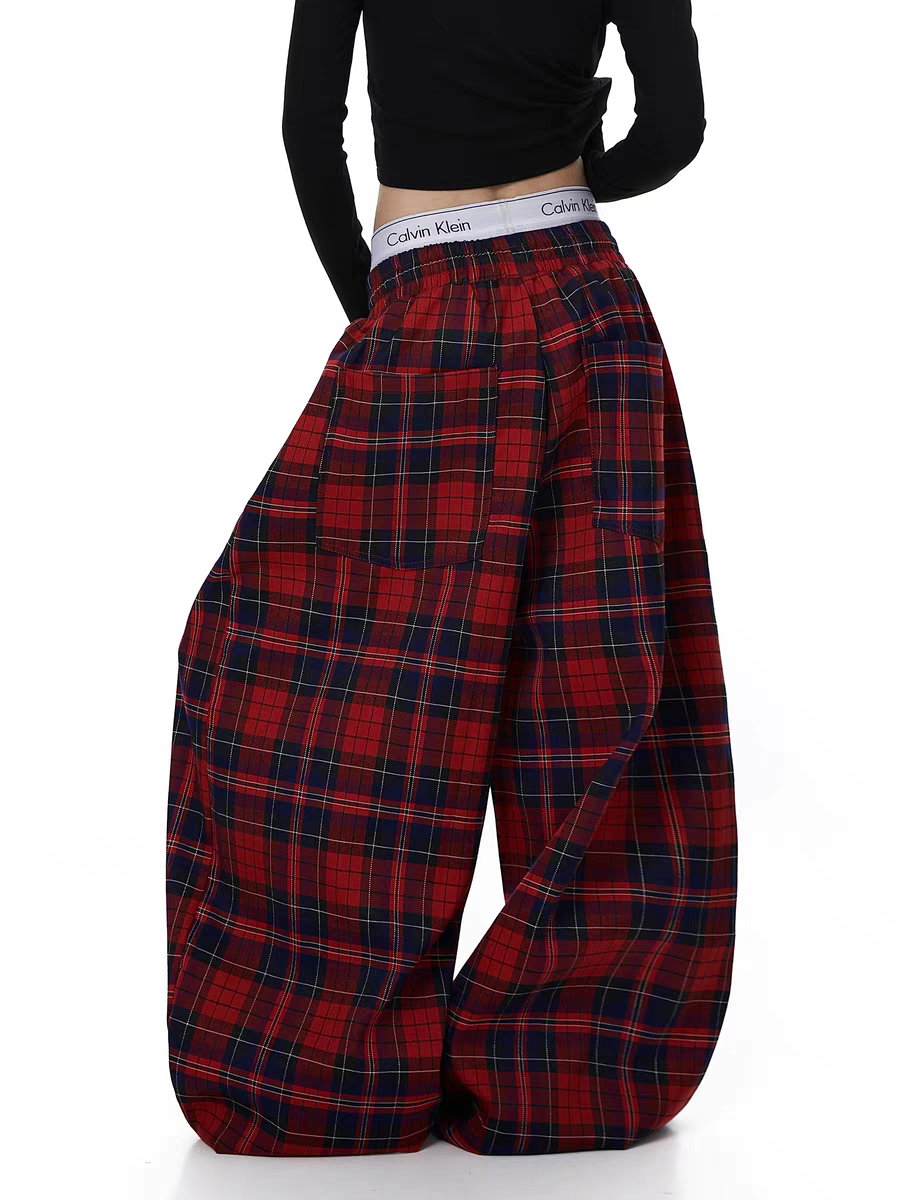 GKIKZ RED PLAID WIDE-LEG FLANNEL PANTS