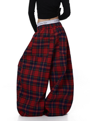 GKIKZ RED PLAID WIDE-LEG FLANNEL PANTS