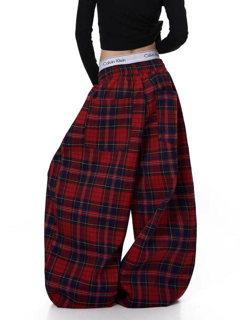 Red Plaid Wide-Leg Flannel Pants
