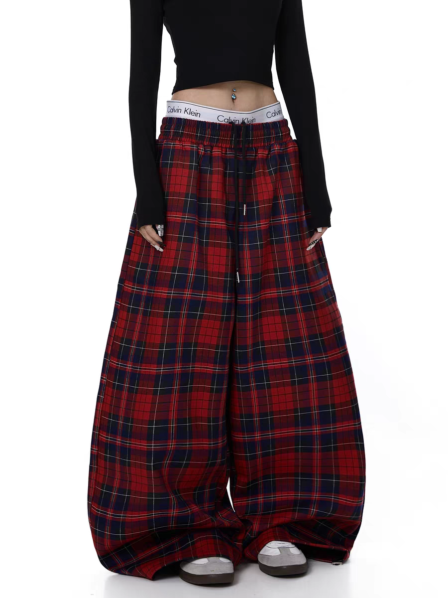 GKIKZ RED PLAID WIDE-LEG FLANNEL PANTS