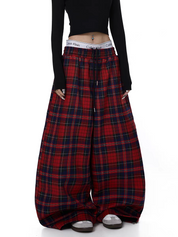 GKIKZ RED PLAID WIDE-LEG FLANNEL PANTS