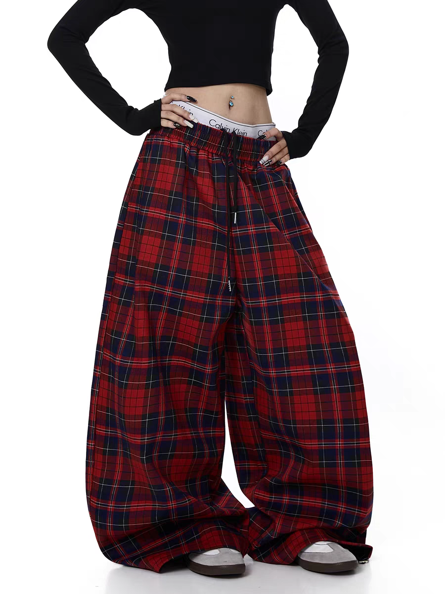 GKIKZ RED PLAID WIDE-LEG FLANNEL PANTS