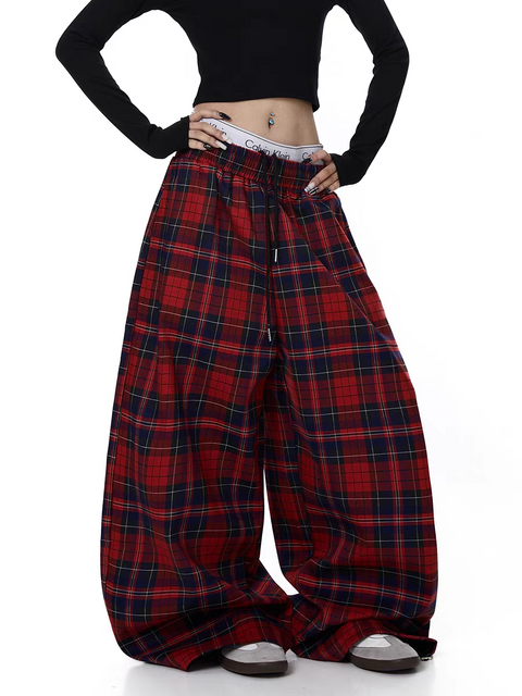 Red Plaid Wide-Leg Flannel Pants