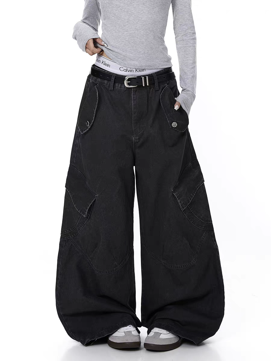 Washed Wide-Leg Panel Cargo Pants