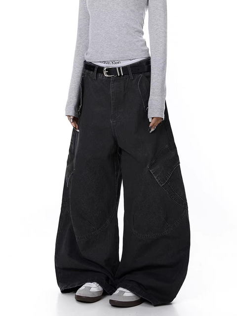 Washed Wide-Leg Panel Cargo Pants