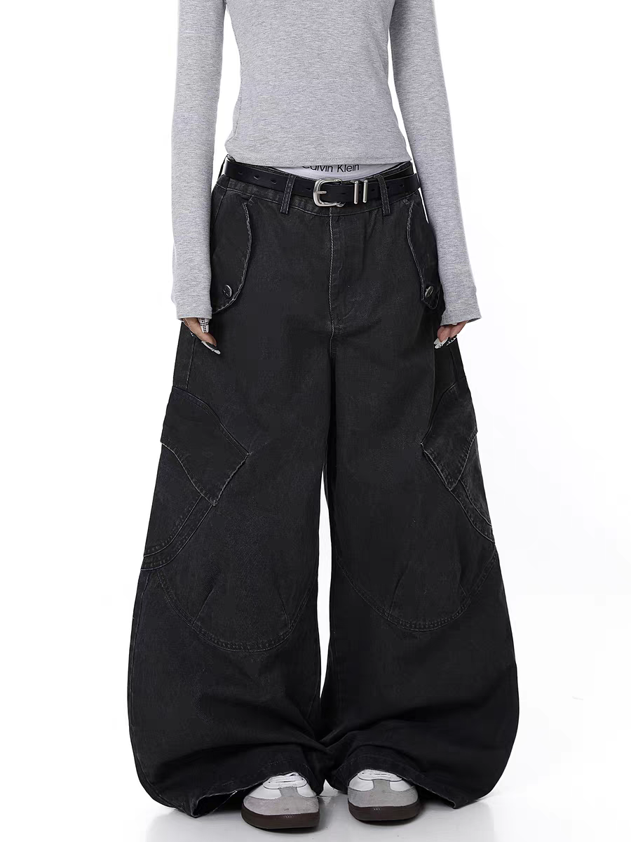Washed Wide-Leg Panel Cargo Pants