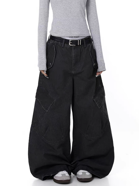 Washed Wide-Leg Panel Cargo Pants