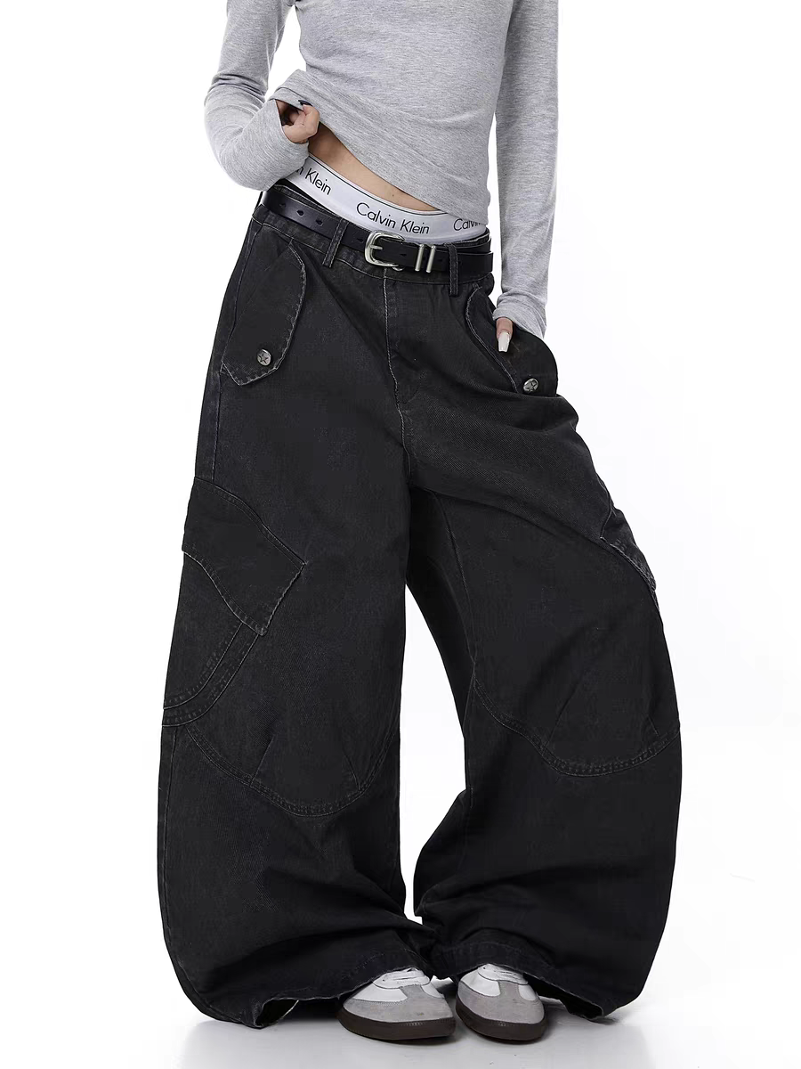 Washed Wide-Leg Panel Cargo Pants