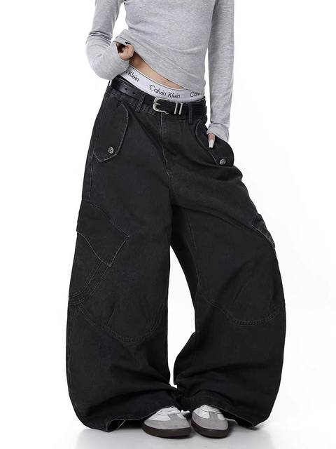 Washed Wide-Leg Panel Cargo Pants