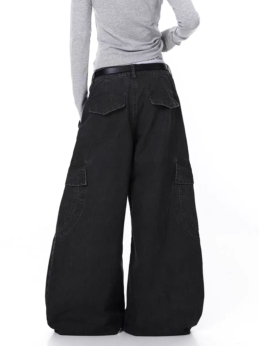 Washed Wide-Leg Panel Cargo Pants