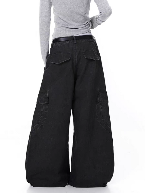 Washed Wide-Leg Panel Cargo Pants
