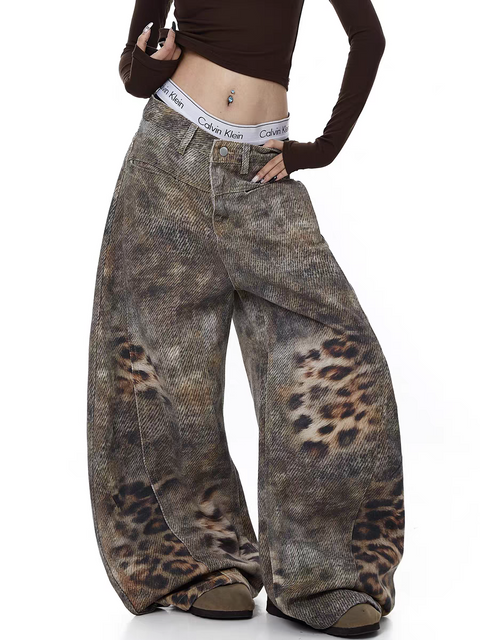 Distressed Leopard Wide-Leg Denim